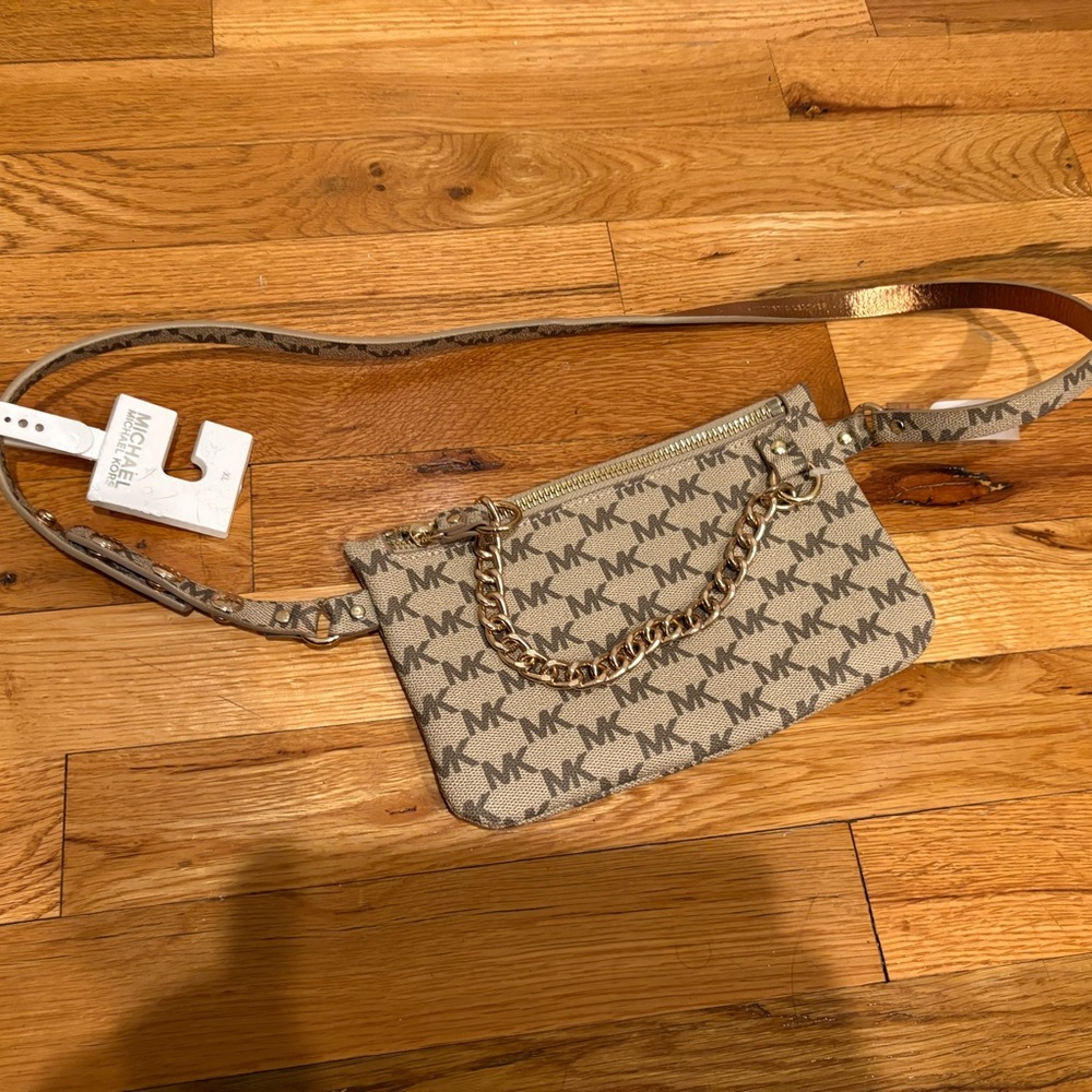 Michael Kors Tan/Beige MK Logo Chain Crossbody Belt Bag